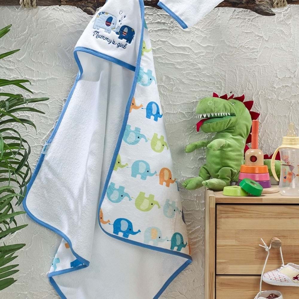 Dijital Baskılı Nakışlı Bebek Havlusu - Kese Hediyeli MAVİ