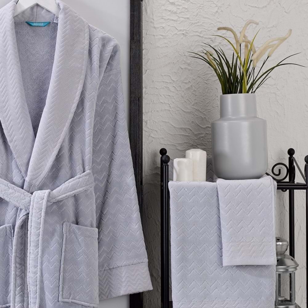 Ansaaj Kadife Jakarlı 4 Parça Bornoz Takımı AÇIK GRİ L-XL Beden