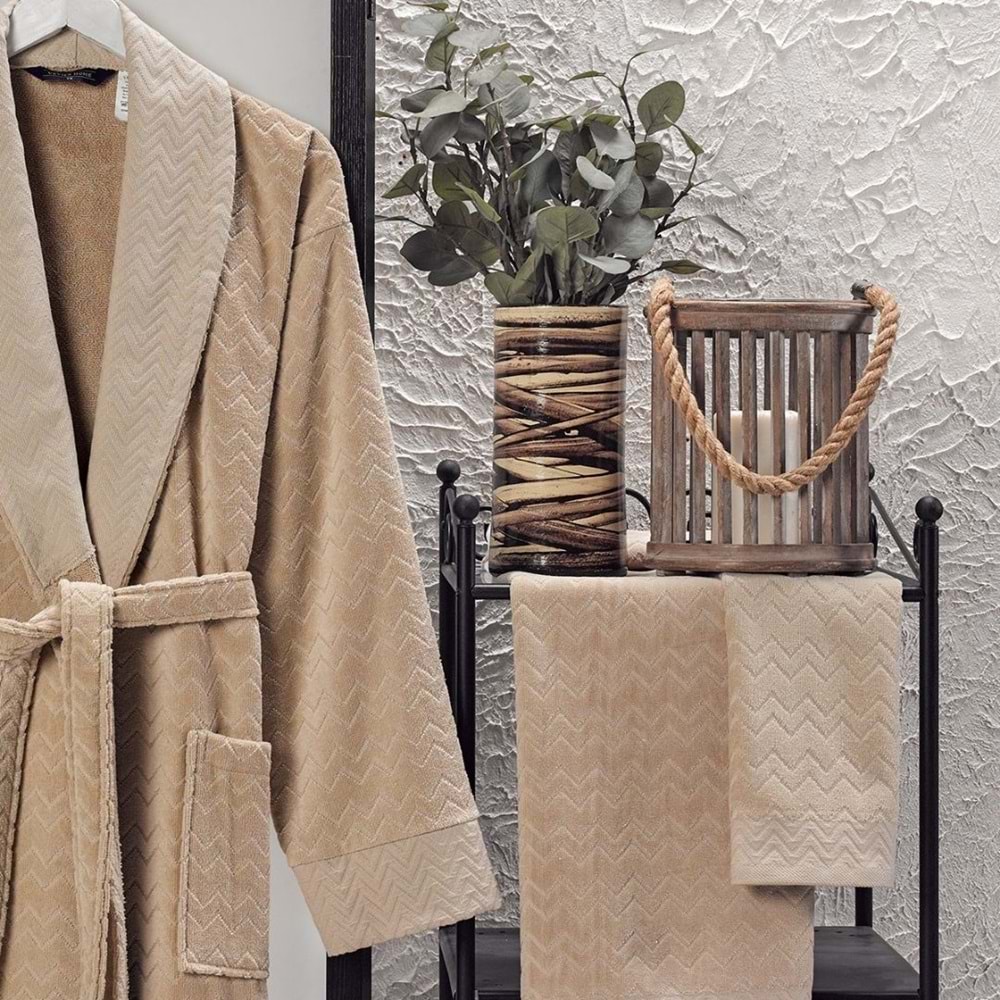 Ansaaj Kadife Jakarlı 4 Parça Bornoz Takımı BEJ L-XL Beden