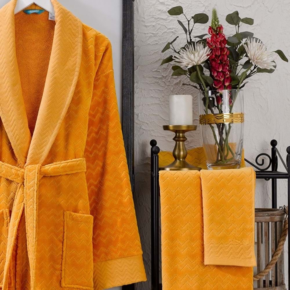 Ansaaj Kadife Jakarlı 4 Parça Bornoz Takımı HARDAL L-XL Beden