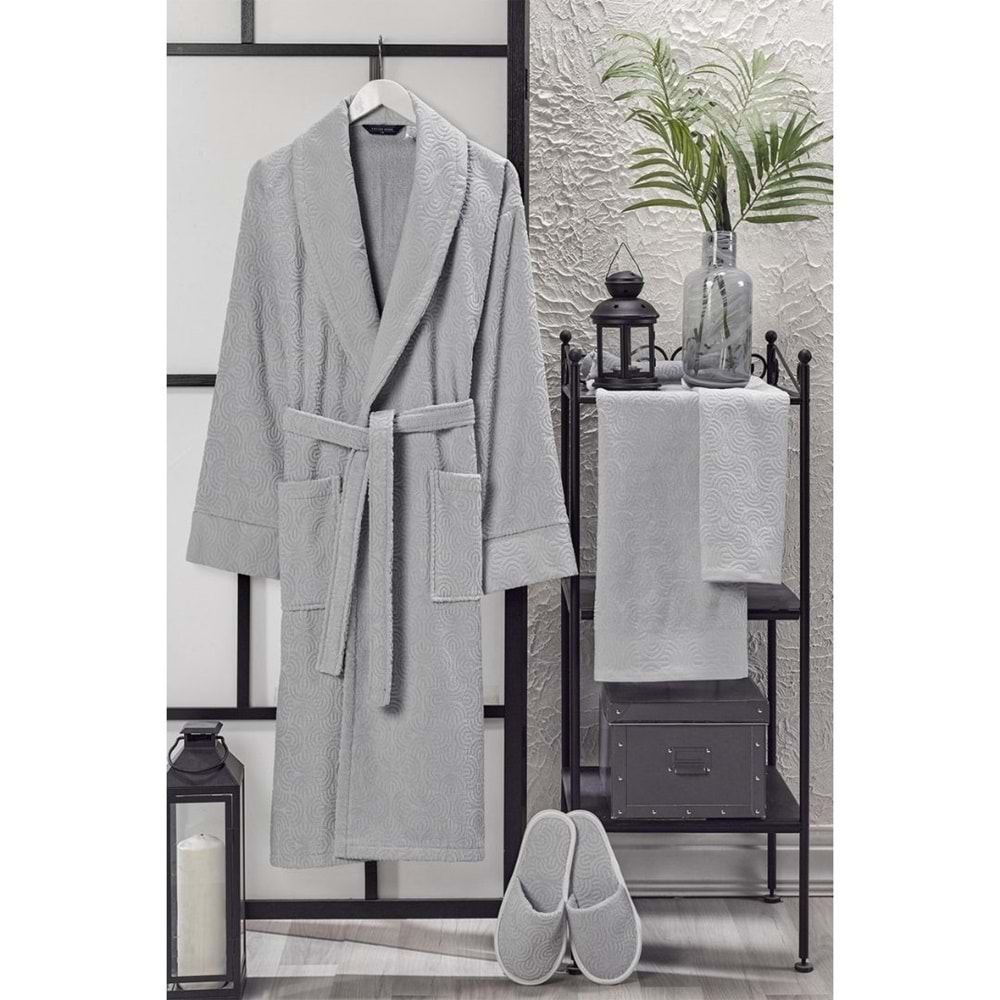 VevienHome Kadife Jakarlı 4 Parça Bornoz Takımı AÇIK GRİ L Beden