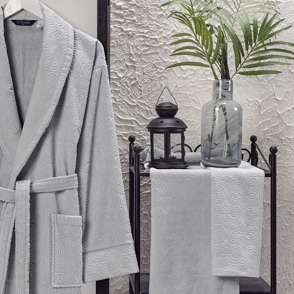VevienHome Kadife Jakarlı 4 Parça Bornoz Takımı AÇIK GRİ L Beden