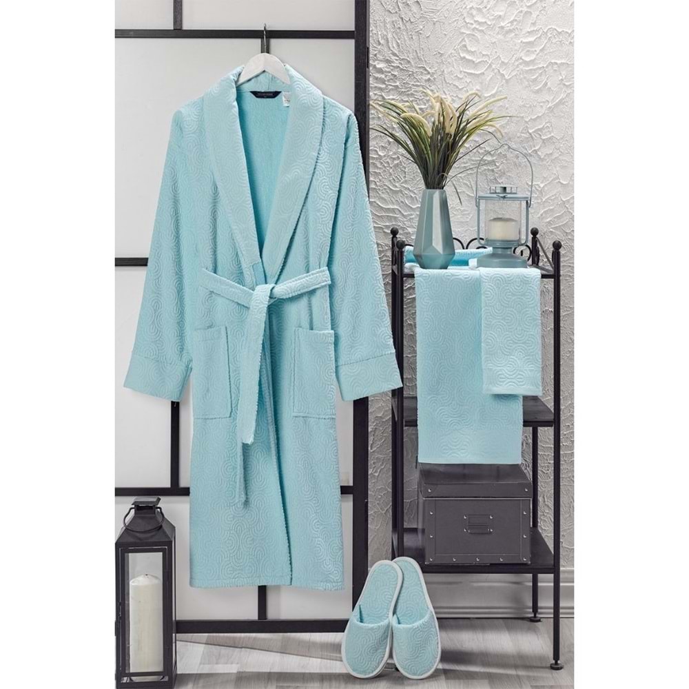 VevienHome Kadife Jakarlı 4 Parça Bornoz Takımı AÇIK MAVİ L Beden