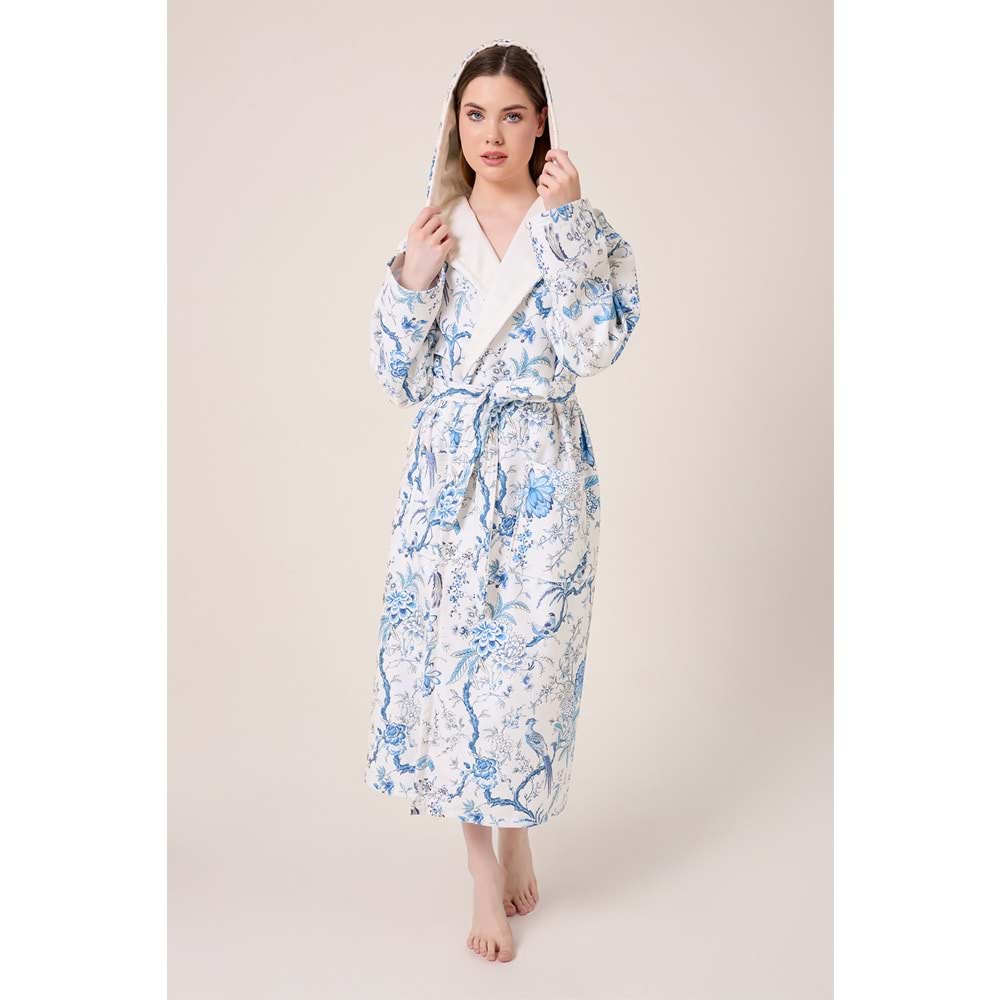 Blue Gladiolo Fiore Desenli Dijital Baskılı Kapüşonlu Bornoz