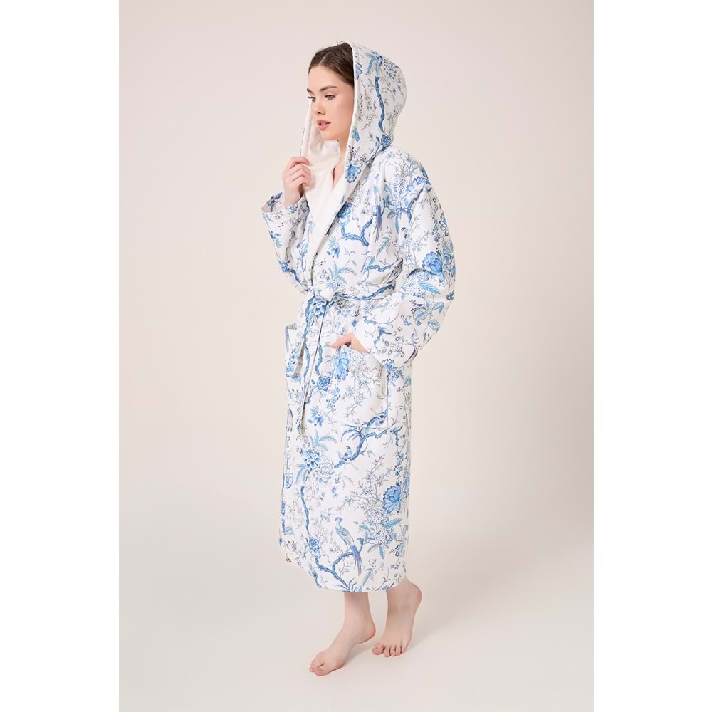 Blue Gladiolo Fiore Desenli Dijital Baskılı Kapüşonlu Bornoz