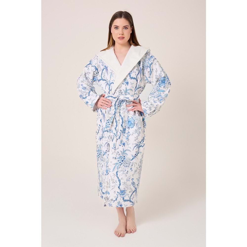 Blue Gladiolo Fiore Desenli Dijital Baskılı Kapüşonlu Bornoz