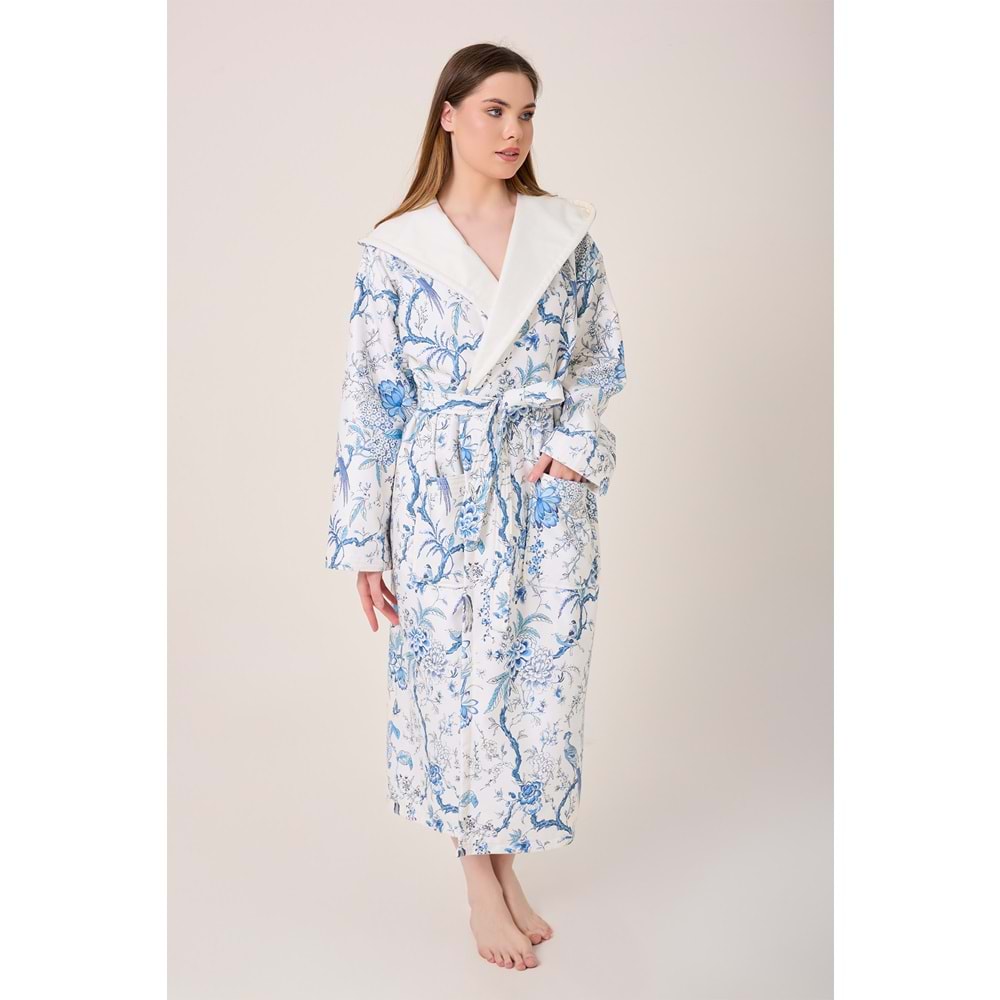 Blue Gladiolo Fiore Desenli Dijital Baskılı Kapüşonlu Bornoz