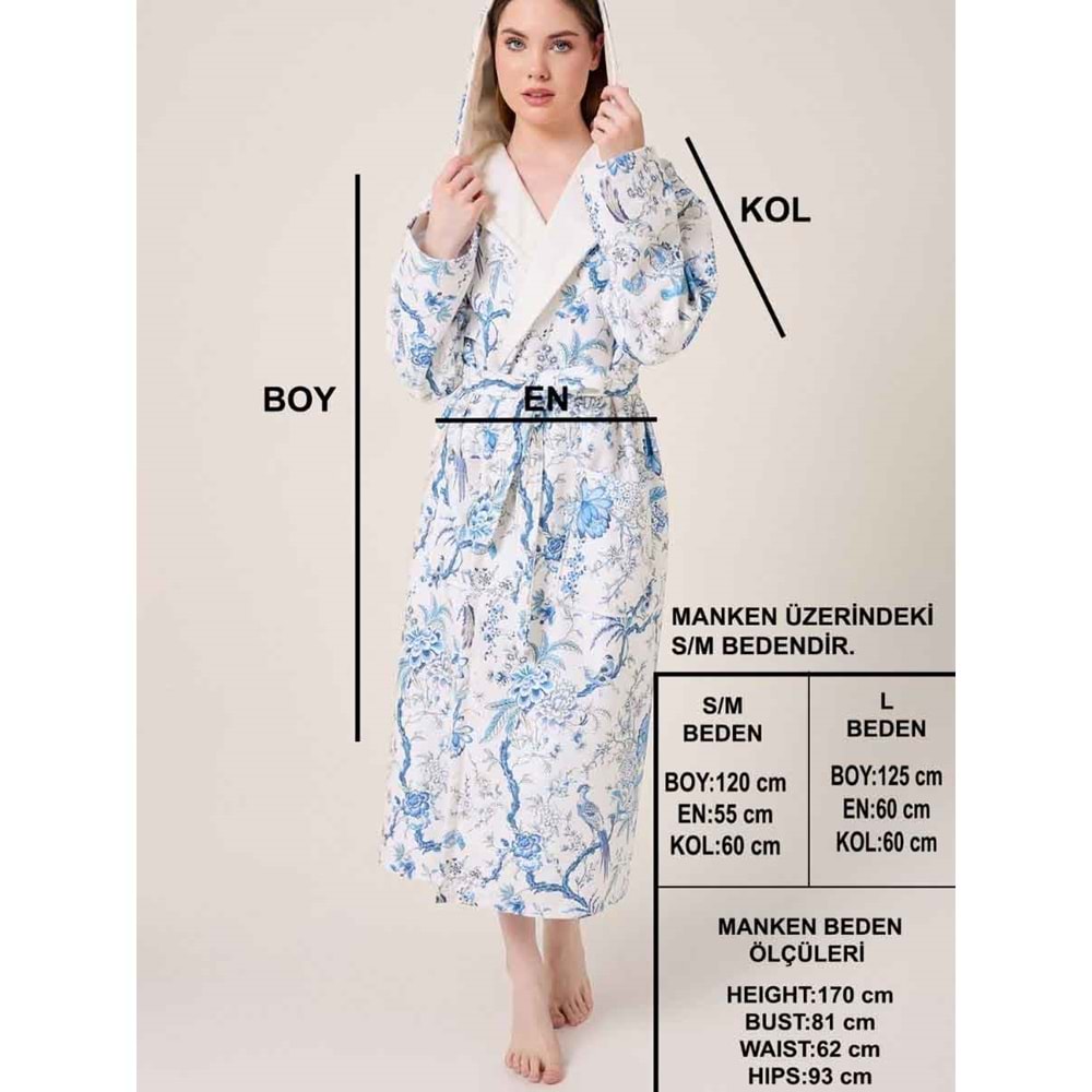 Blue Gladiolo Fiore Desenli Dijital Baskılı Kapüşonlu Bornoz