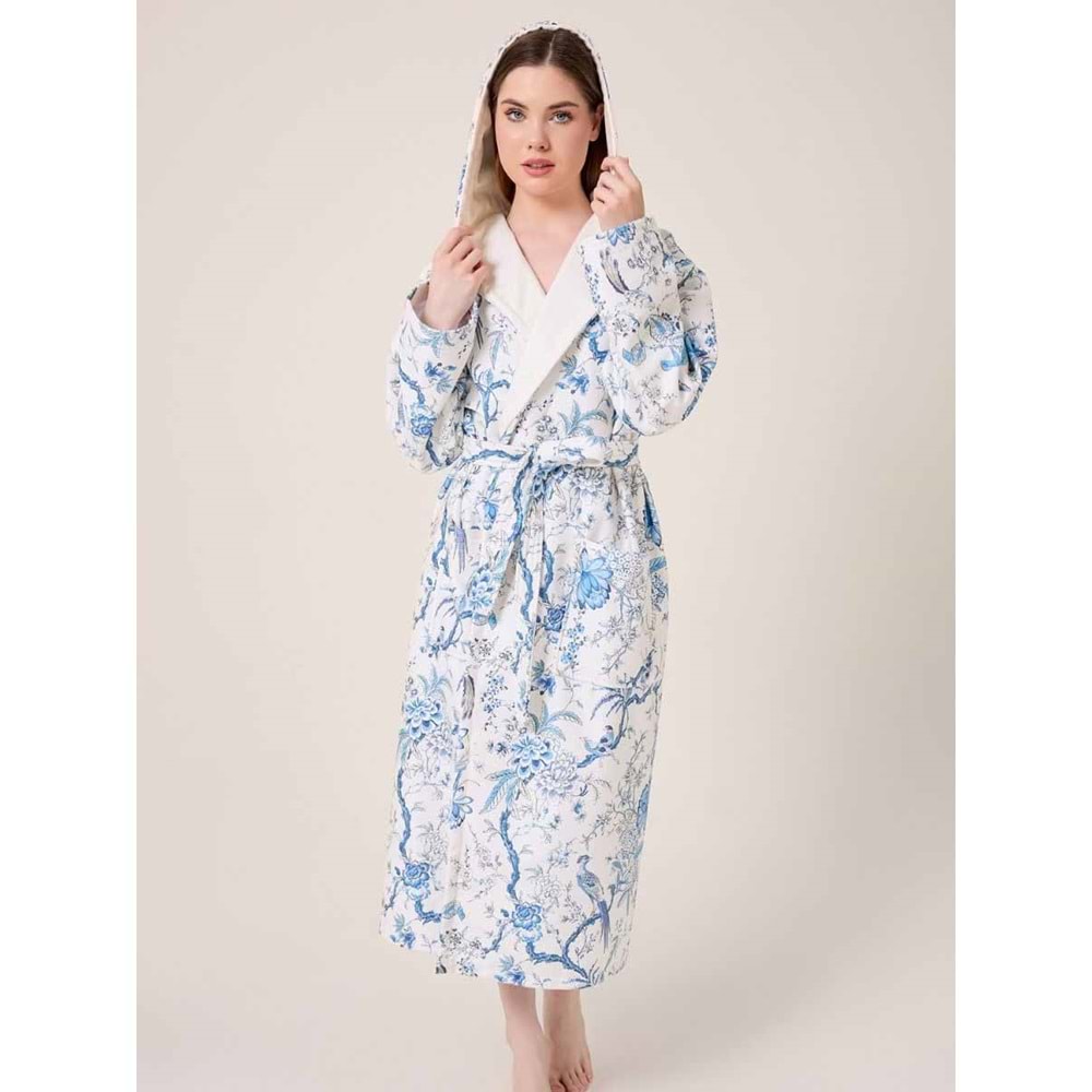 Blue Gladiolo Fiore Desenli Dijital Baskılı Kapüşonlu Bornoz