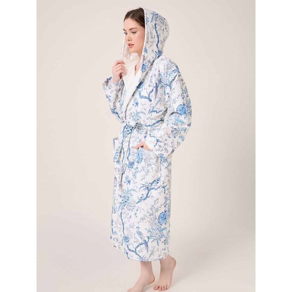 Blue Gladiolo Fiore Desenli Dijital Baskılı Kapüşonlu Bornoz