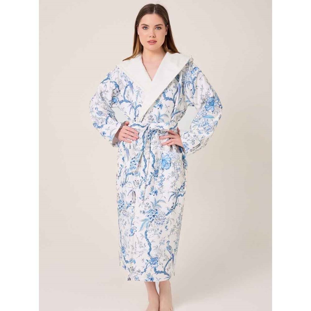 Blue Gladiolo Fiore Desenli Dijital Baskılı Kapüşonlu Bornoz