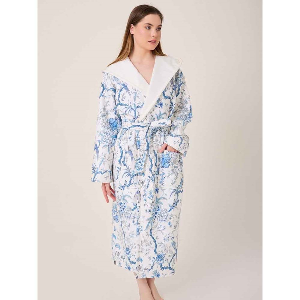 Blue Gladiolo Fiore Desenli Dijital Baskılı Kapüşonlu Bornoz