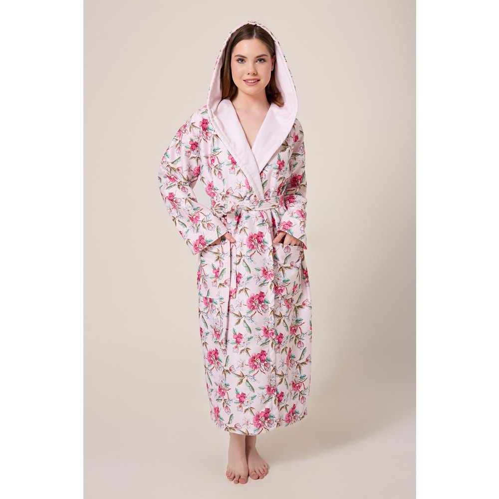 Peonia Fiore Desenli Dijital Baskılı Kapüşonlu Bornoz