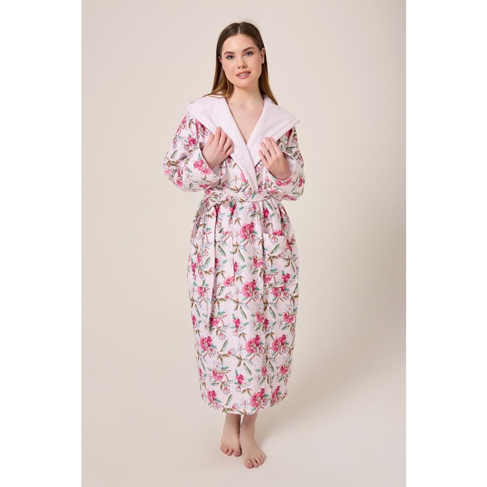 Peonia Fiore Desenli Dijital Baskılı Kapüşonlu Bornoz