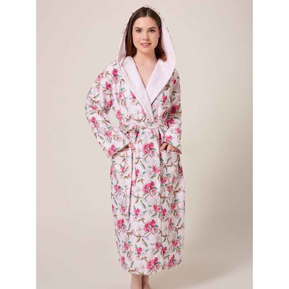 Peonia Fiore Desenli Dijital Baskılı Kapüşonlu Bornoz
