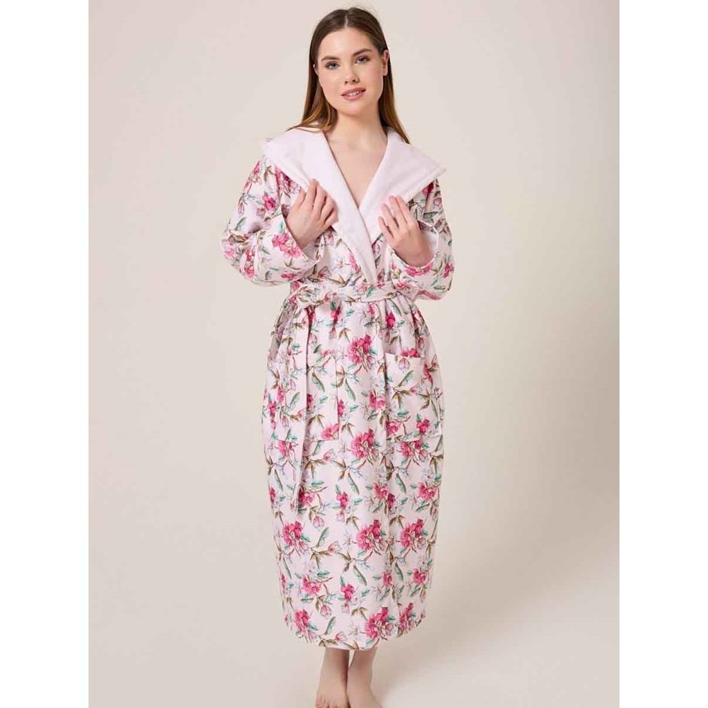 Peonia Fiore Desenli Dijital Baskılı Kapüşonlu Bornoz