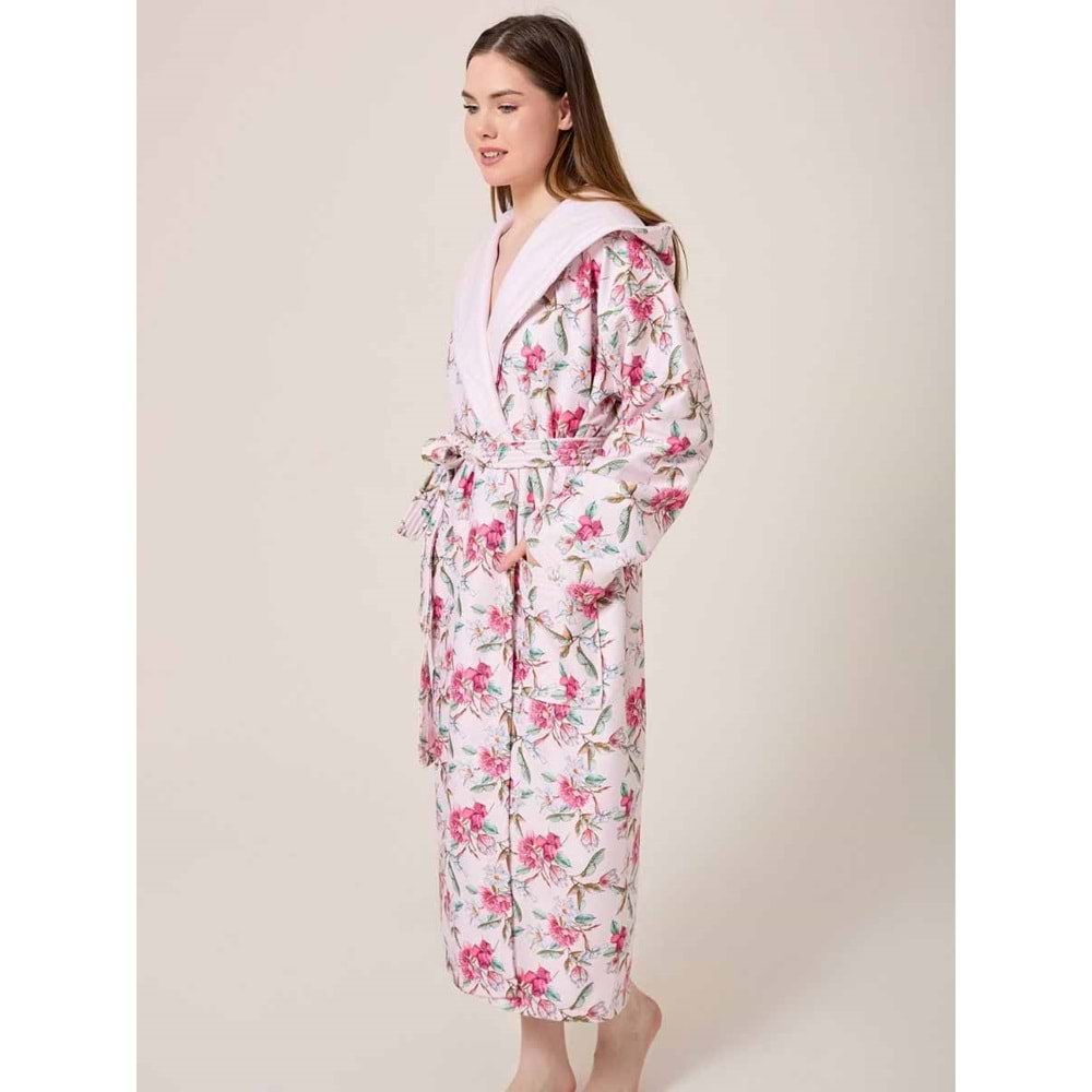 Peonia Fiore Desenli Dijital Baskılı Kapüşonlu Bornoz