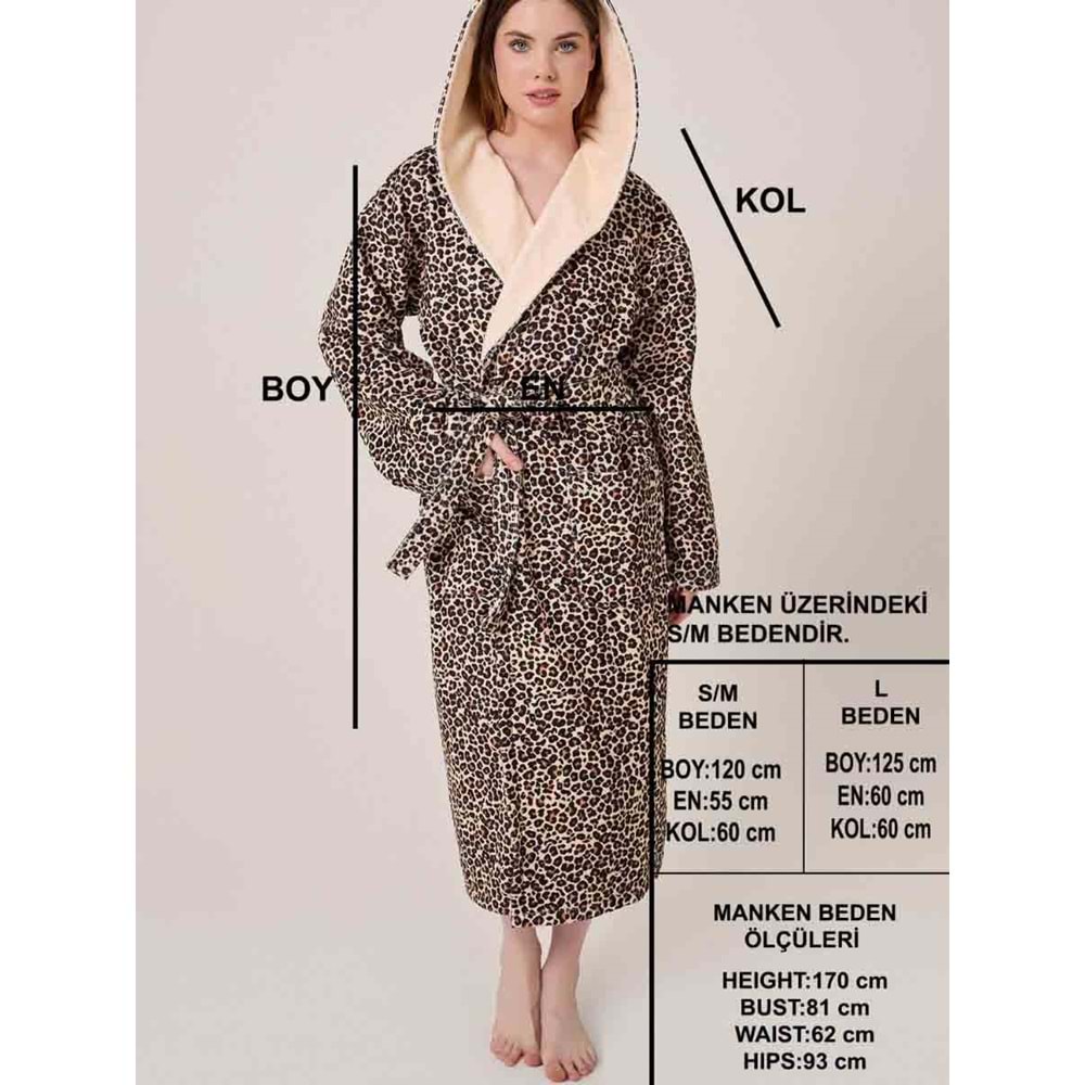 Leopar Desenli Dijital Baskılı Kapüşonlu Bornoz