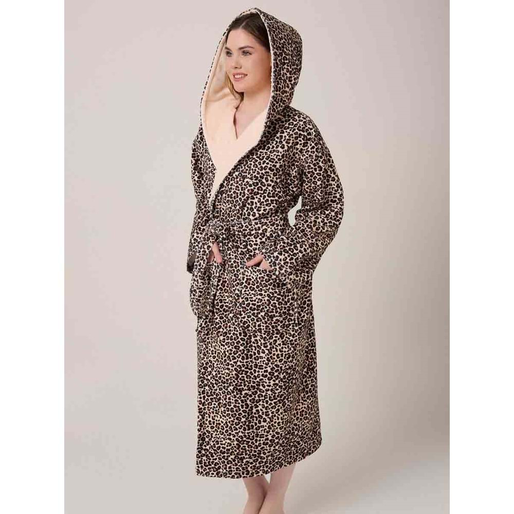 Leopar Desenli Dijital Baskılı Kapüşonlu Bornoz