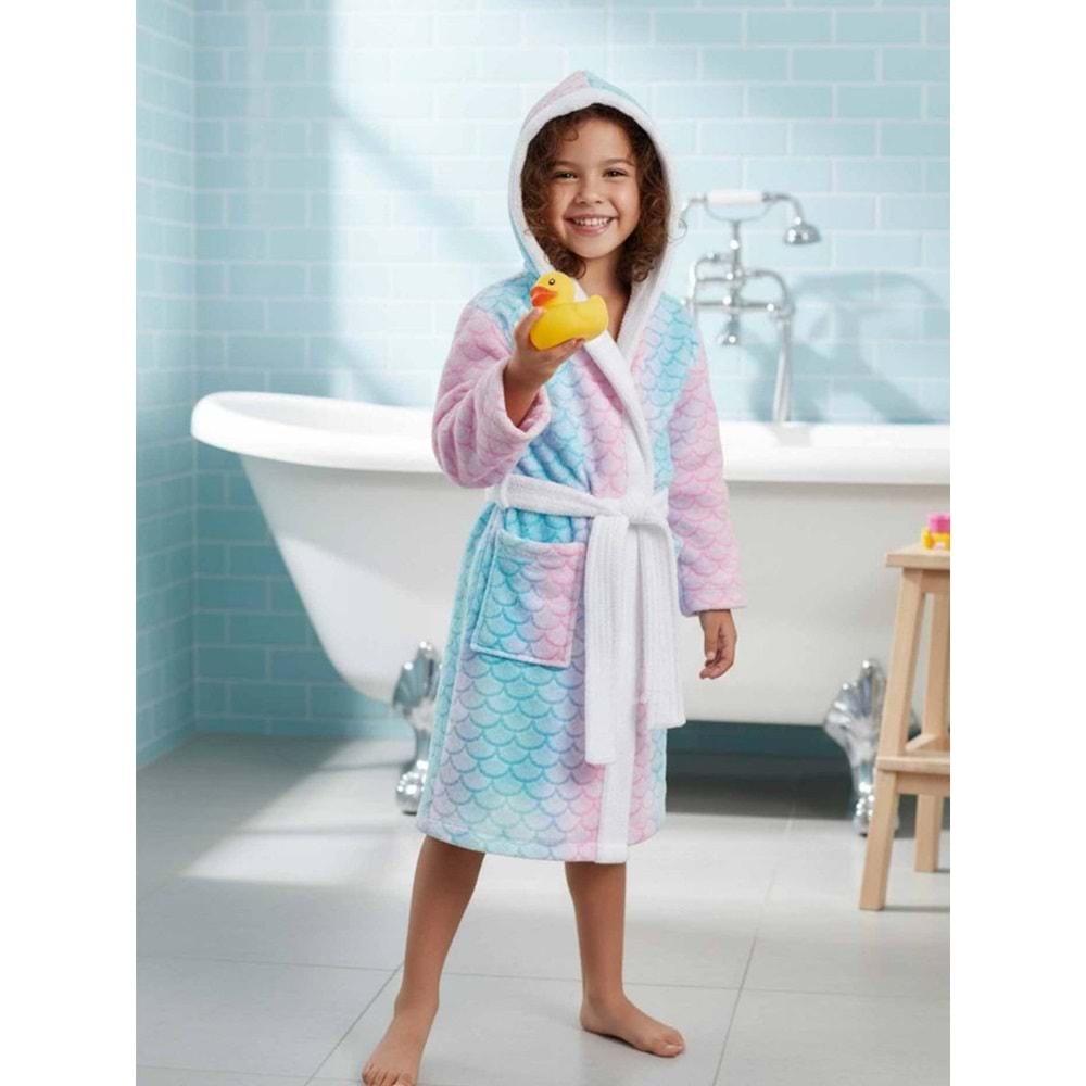 Balık Pulu Dijital Baskılı Çocuk Bornozu