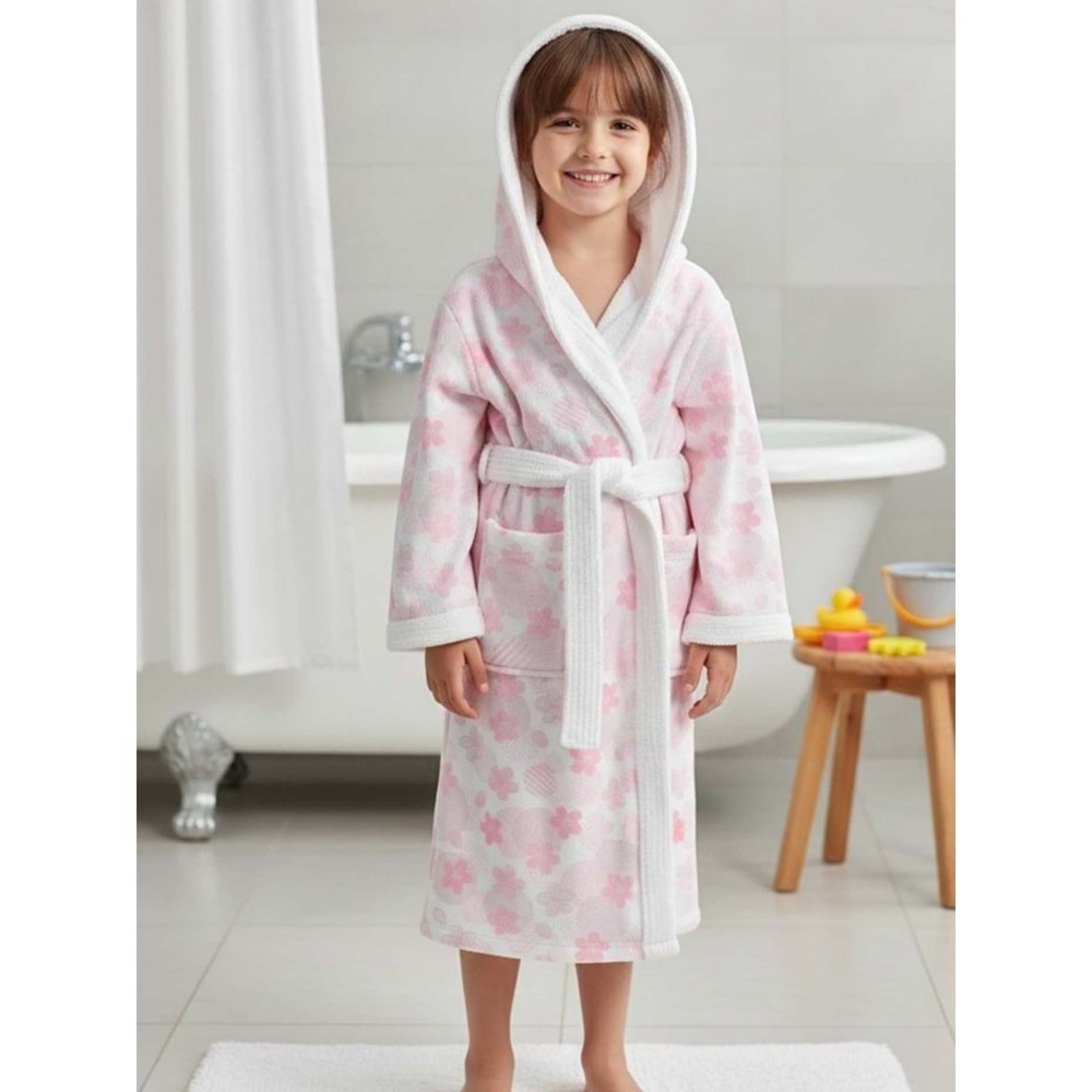 Pink Flower Dijital Baskılı Çocuk Bornozu