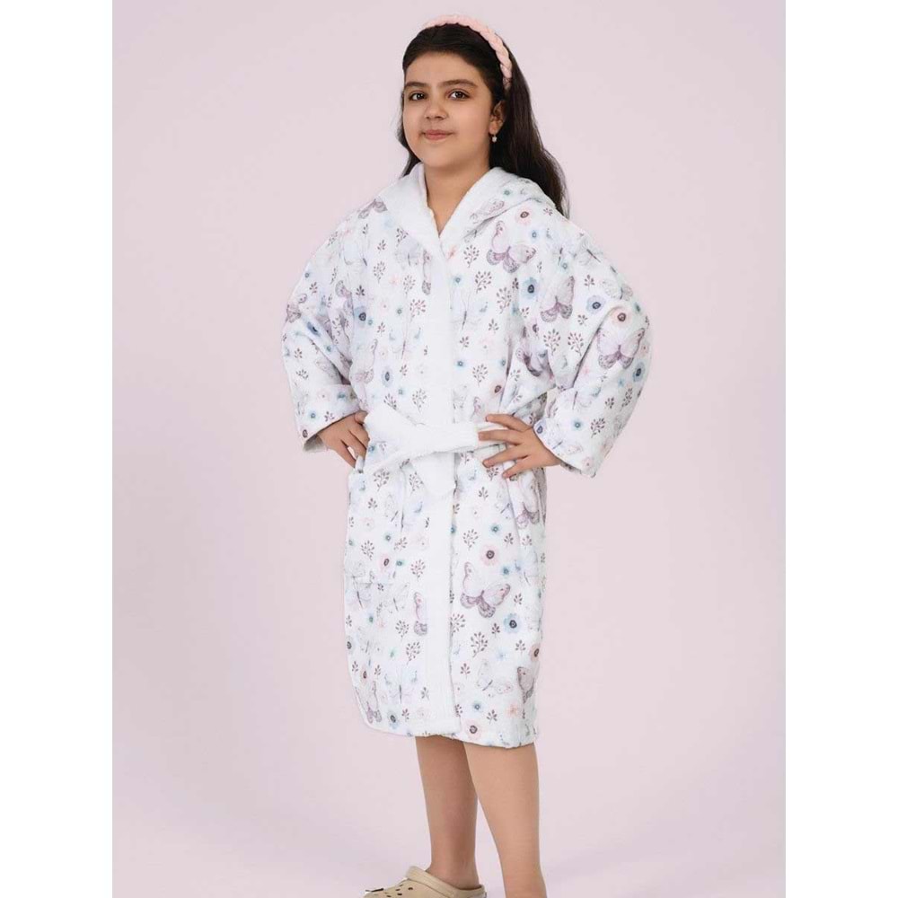 Kelebek Desen Dijital Baskılı Genç Çocuk Bornozu