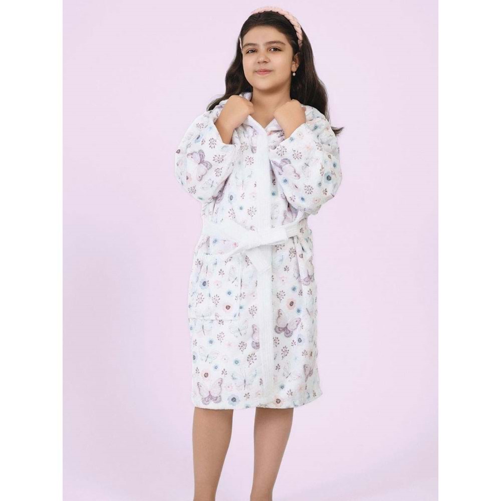 Kelebek Desen Dijital Baskılı Genç Çocuk Bornozu