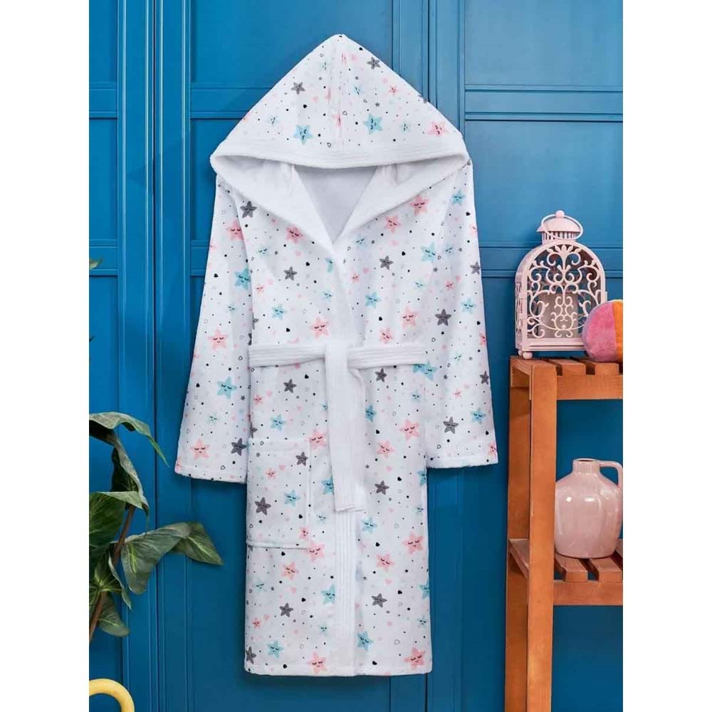 Yıldız Desen Dijital Baskılı Genç Çocuk Bornozu