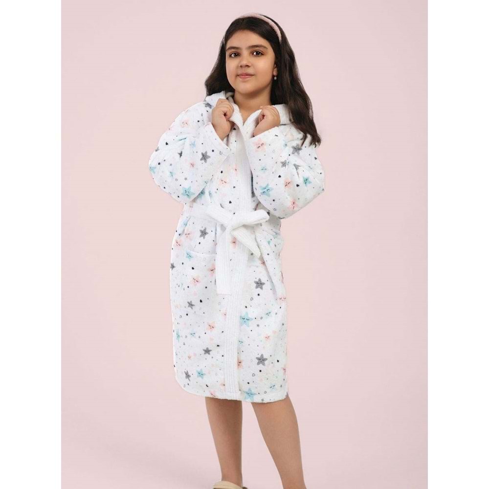 Yıldız Desen Dijital Baskılı Genç Çocuk Bornozu