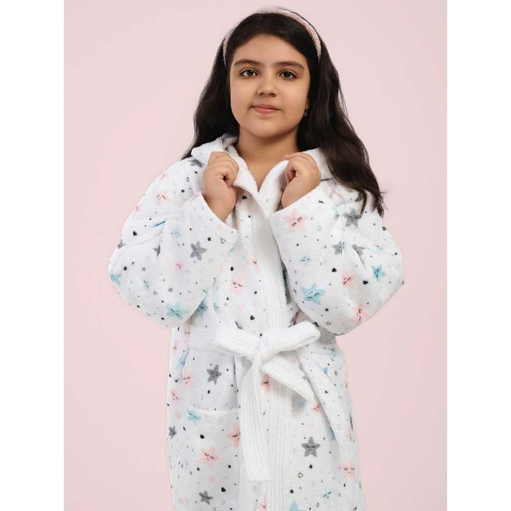 Yıldız Desen Dijital Baskılı Genç Çocuk Bornozu