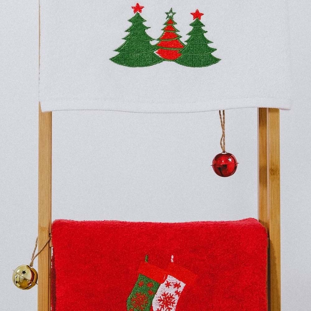 Happy Christmas Yılbaşı Nakışlı %100 Pamuk 50x90 2'li Havlu Seti
