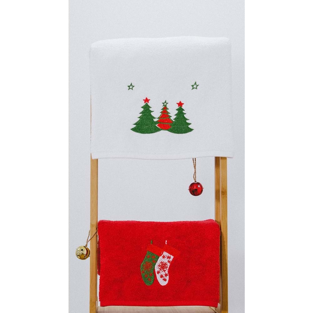 Happy Christmas Yılbaşı Nakışlı %100 Pamuk 50x90 2'li Havlu Seti