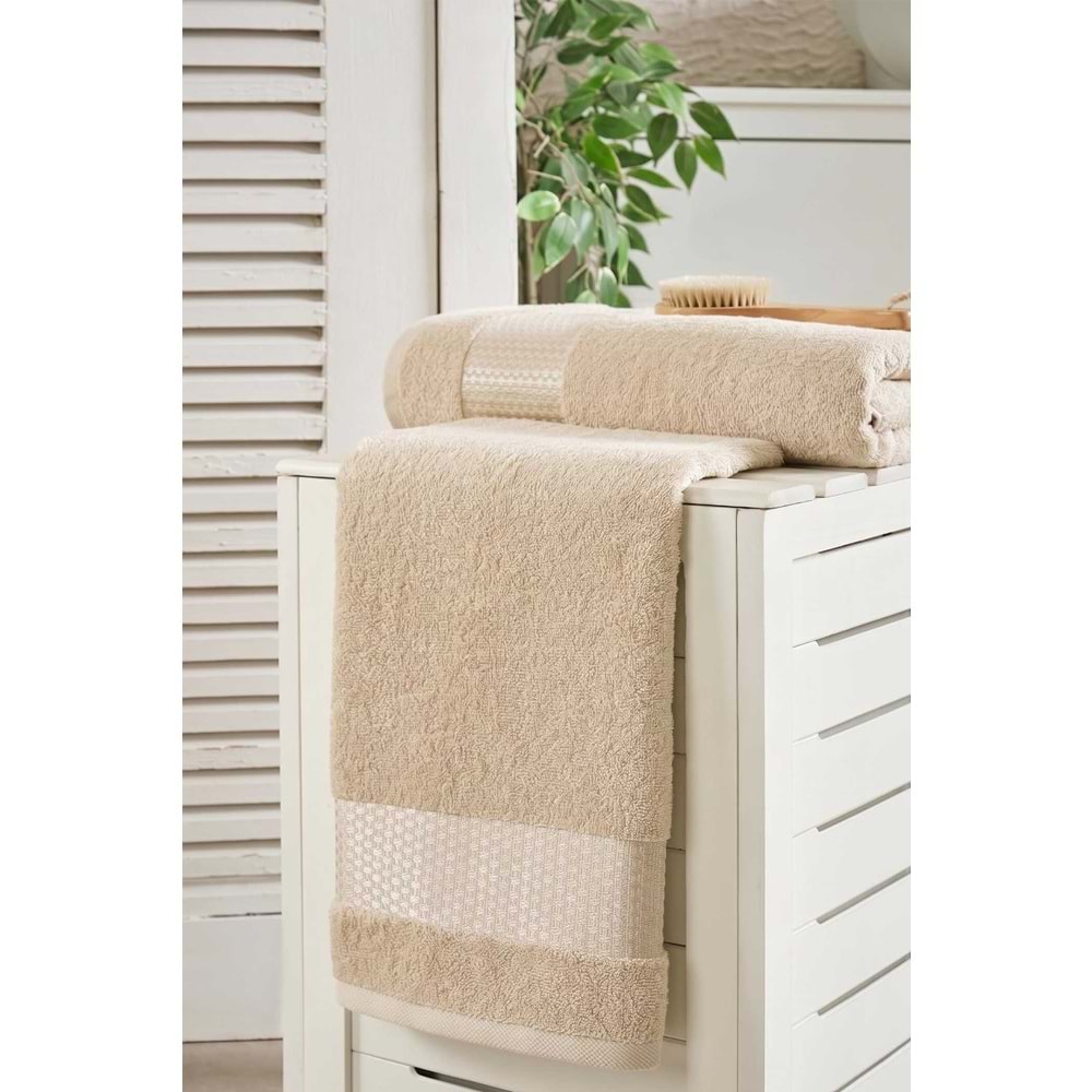 Lusso | %100 Pamuk Jakarlı Lüks 2'li Havlu Seti | Havlu Takımı | Banyo Takımı BEJ