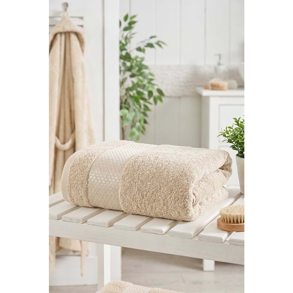Lusso | %100 Pamuk Jakarlı Lüks 2'li Havlu Seti | Havlu Takımı | Banyo Takımı BEJ