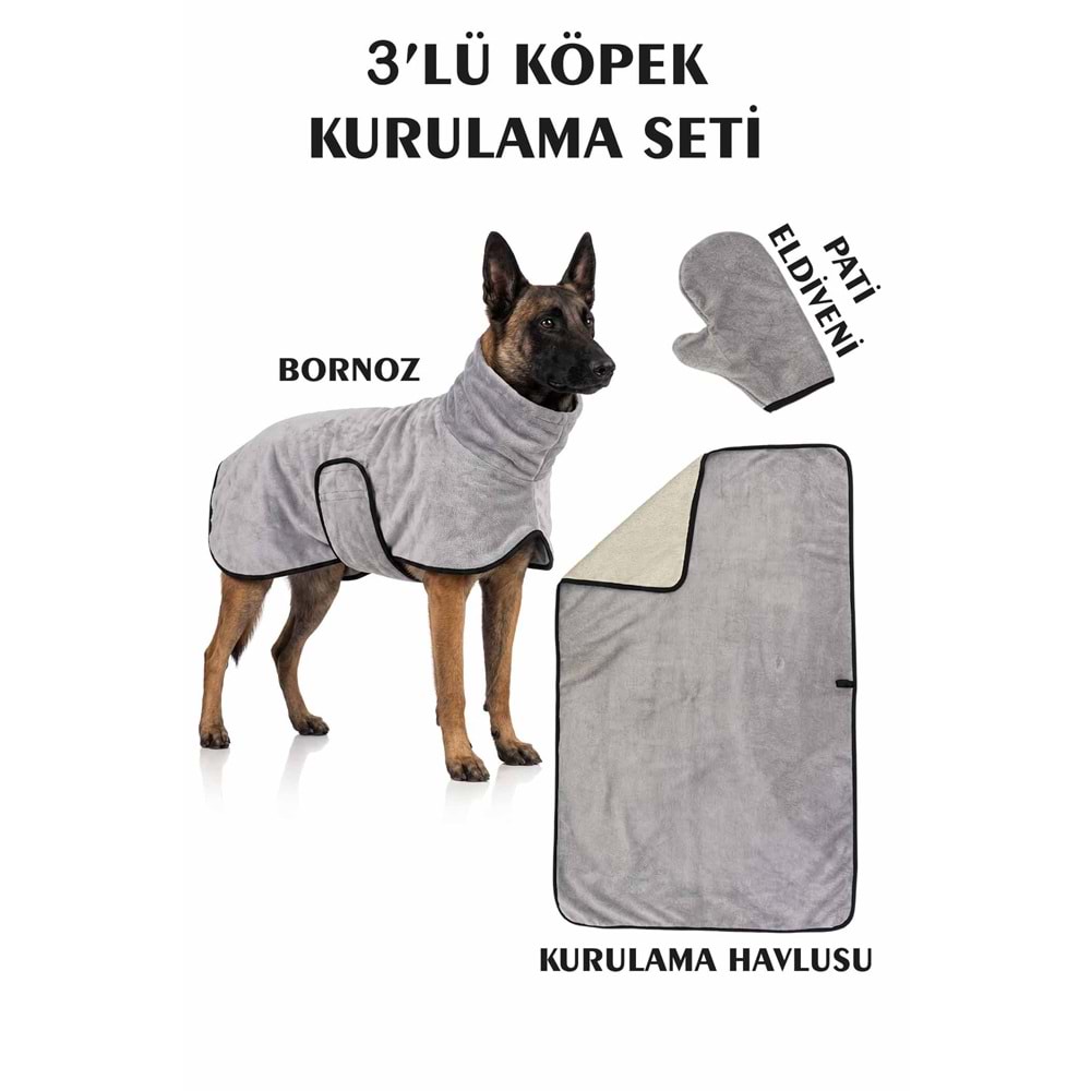 3'lü Köpek Kurulama Seti Bornoz-Havlu-Pati Eldiveni Süper Su Emici Yaz-Kış Set AÇIK GRİ