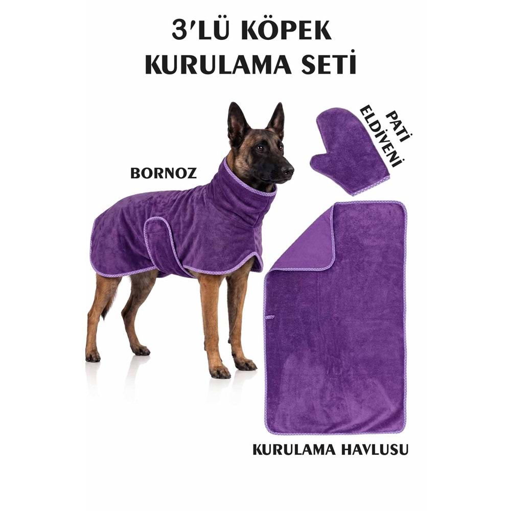 3'lü Köpek Kurulama Seti Bornoz-Havlu-Pati Eldiveni Süper Su Emici Yaz-Kış Set MOR