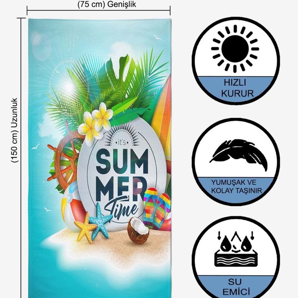 Summer Time Dijital Baskılı 75x150 Cm Plaj Havlusu