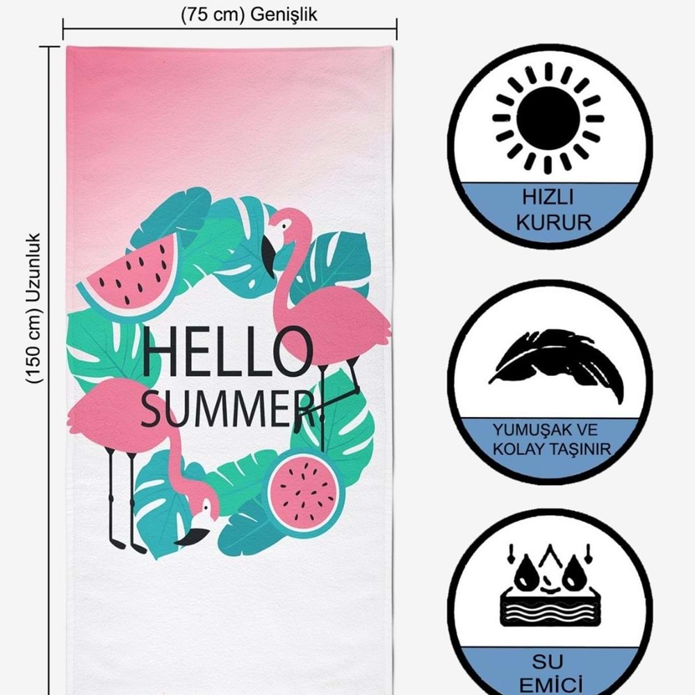 Hello Summer Dijital Baskılı 75x150 Cm Plaj Havlusu