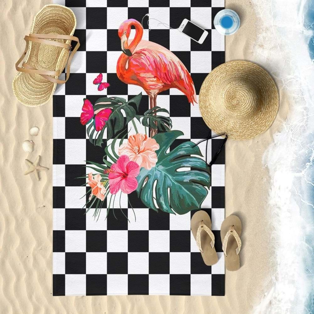 Flamingo Dama Desenli Dijital Baskılı 75x150 Cm Plaj Havlusu