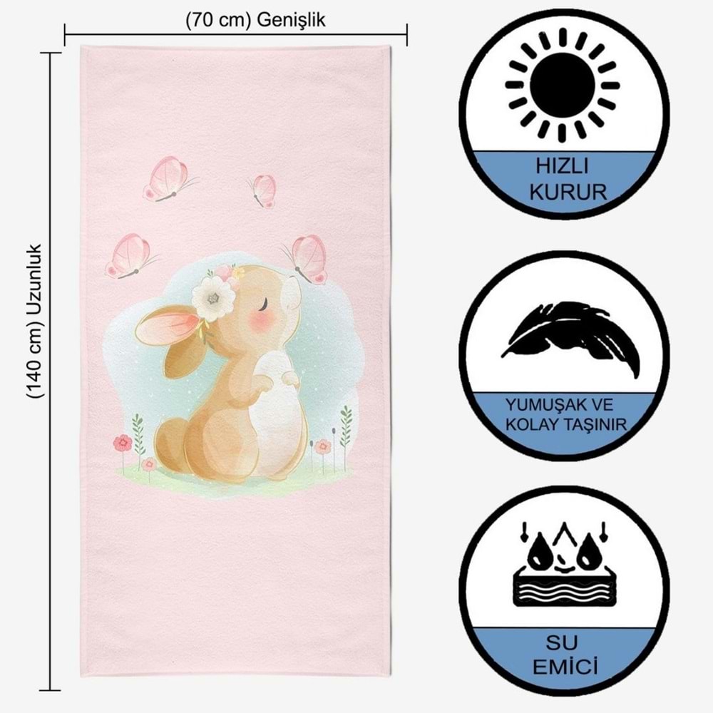 Sevimli Tavşan Dijital Baskılı 70x140 Cm Çocuk Plaj Havlusu