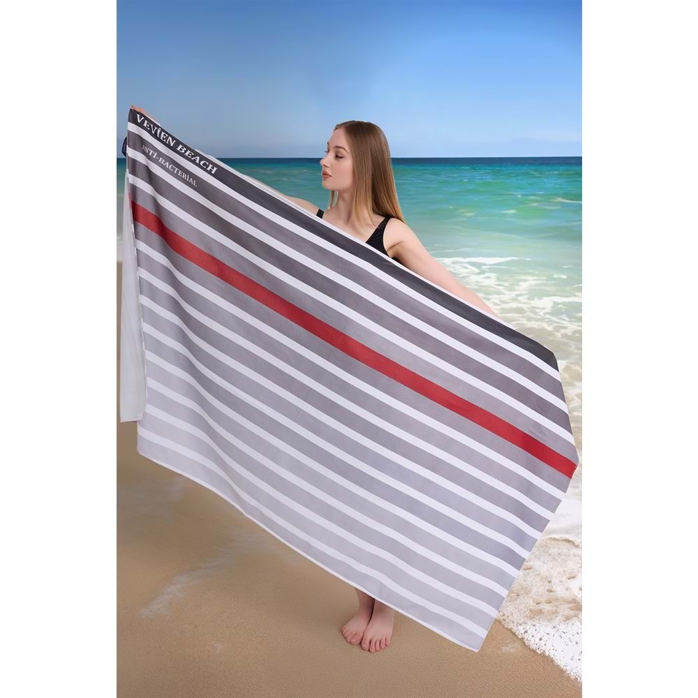 Çizgili Dijital Baskılı 100x180 Cm Plaj Havlusu (Plaj Çantası+Bone Hediyeli) Antrasit