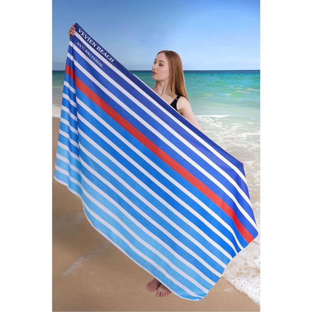 Çizgili Dijital Baskılı 100x180 Cm Plaj Havlusu (Plaj Çantası+Bone Hediyeli) LACİVERT