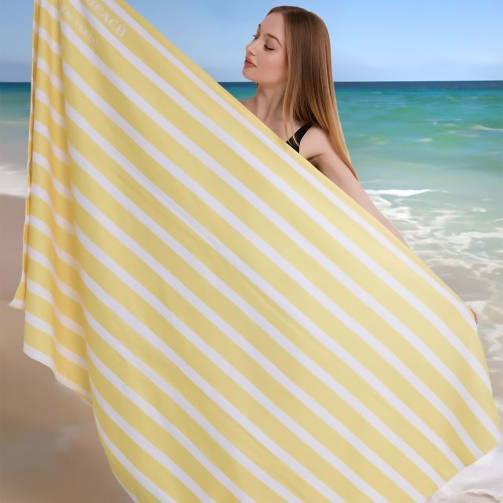 Çizgili Dijital Baskılı 100x180 Cm Plaj Havlusu (Plaj Çantası+Bone Hediyeli) SARI