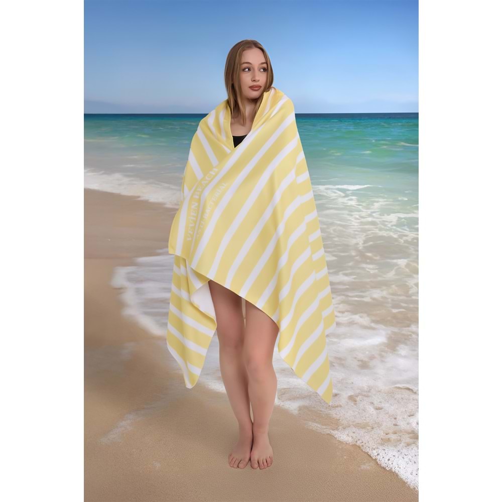 Çizgili Dijital Baskılı 100x180 Cm Plaj Havlusu (Plaj Çantası+Bone Hediyeli) SARI