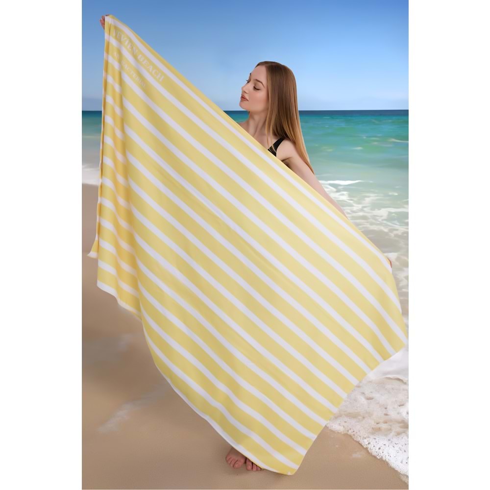 Çizgili Dijital Baskılı 100x180 Cm Plaj Havlusu (Plaj Çantası+Bone Hediyeli) SARI