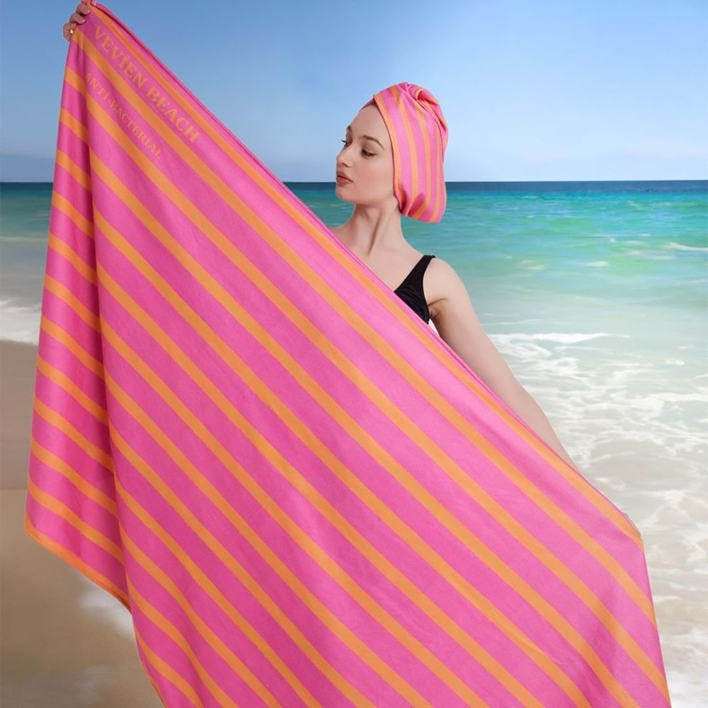 Çizgili Dijital Baskılı 100x180 Cm Plaj Havlusu (Plaj Çantası+Bone Hediyeli) TURUNCU