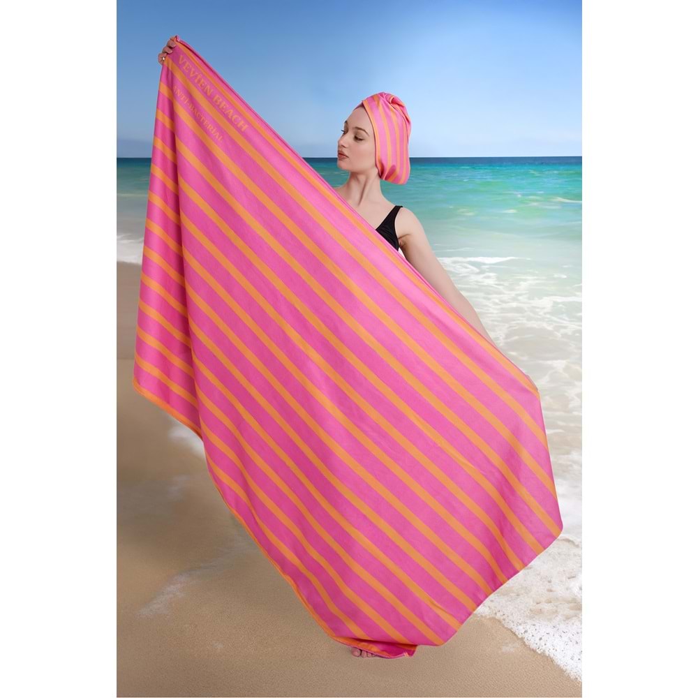 Çizgili Dijital Baskılı 100x180 Cm Plaj Havlusu (Plaj Çantası+Bone Hediyeli) TURUNCU