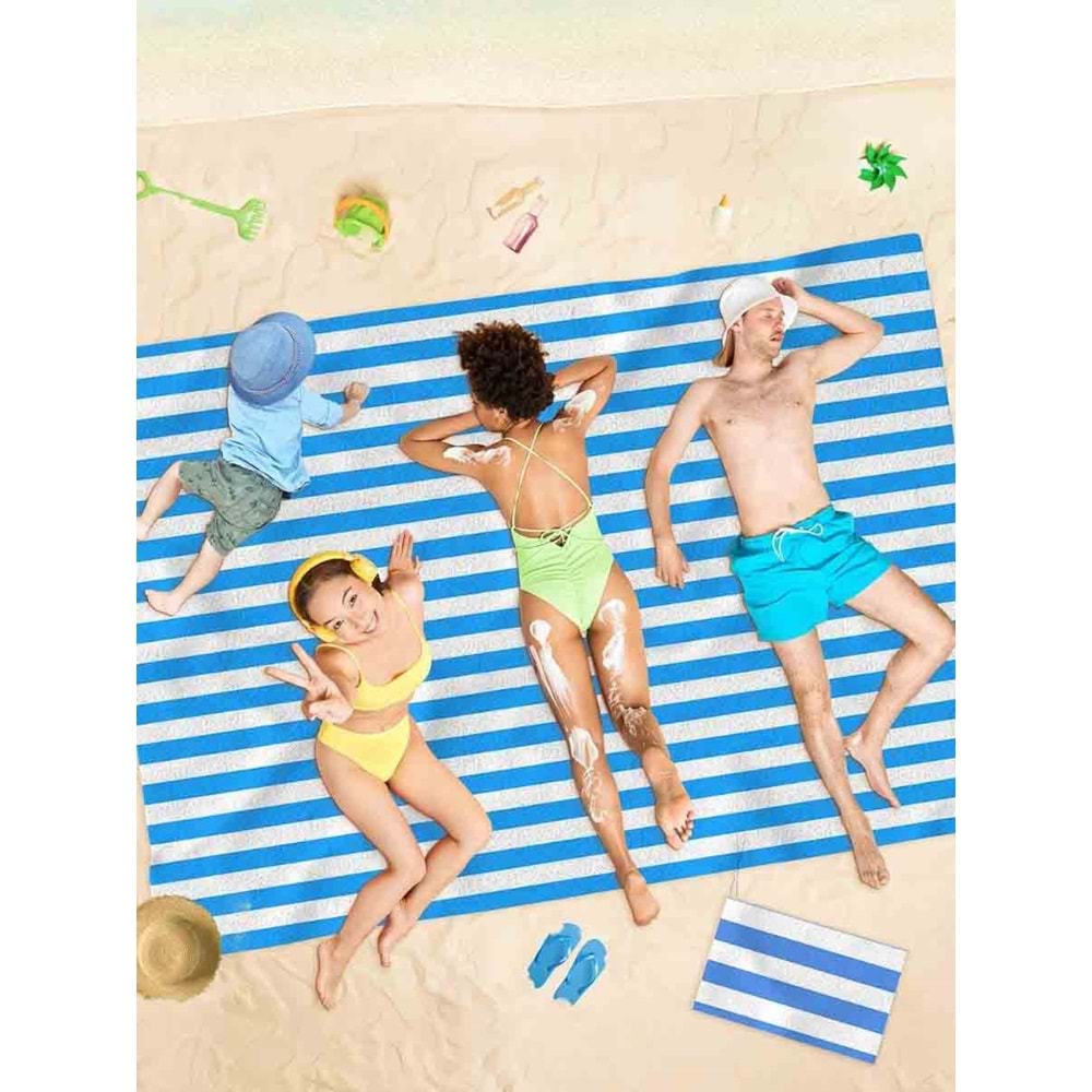 Mavi Çizgili Dijital Baskılı 150x220 Cm Aile Boyu Plaj Havlusu Kum Geçirmez