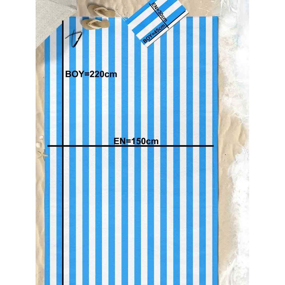 Mavi Çizgili Dijital Baskılı 150x220 Cm Aile Boyu Plaj Havlusu Kum Geçirmez