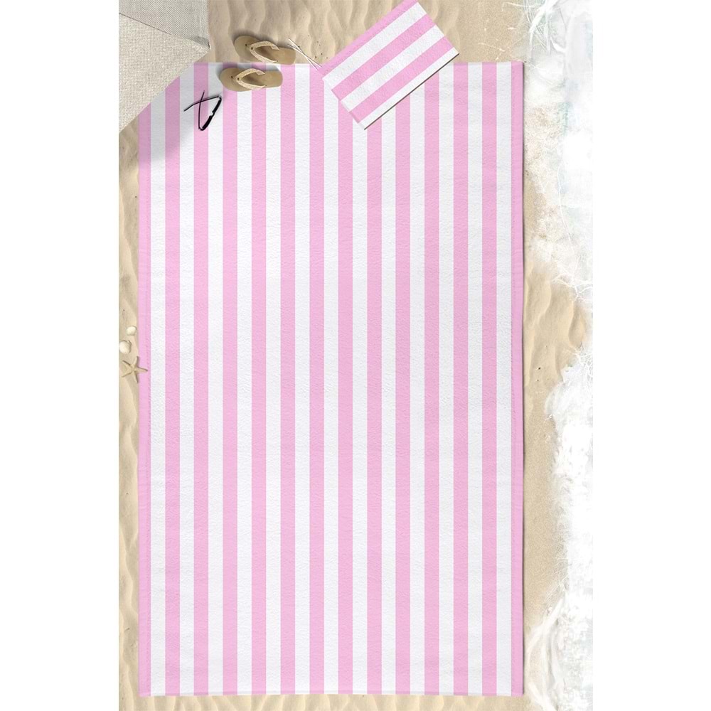 Pembe Çizgili Dijital Baskılı 150x220 Cm Aile Boyu Plaj Havlusu Kum Geçirmez